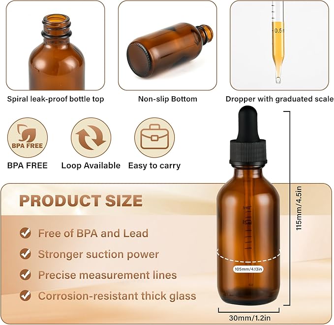 NOOEEISS 12 Pcs, 2oz Dropper Bottle, Amber Glass Eye Dropper Bottle, Tincture Bottles with Dropper, Leak-Proof Design, Stronger Suction, for All Kinds of Mixed Liquids