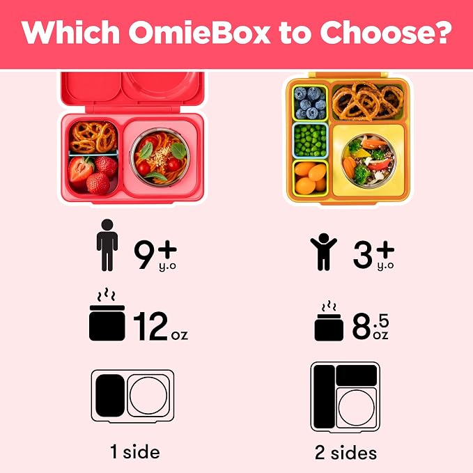 Omie OmieBox UP bento Box for Kids | Insulated Lunch Box | Leak Proof Vacuum Insulated Thermal Food jar | Cooler ice Pack | 2 Compartments (Cherry Pink)