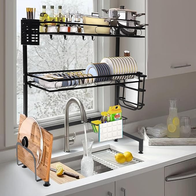 Dish Drying Rack, 2-Tier Over Sink Dish Dryer Rack with Drainer 8 Hooks & Different Racks, Cutlery Shelf Cup Organizing Metal Dishrack Set, Dish Racks for Kitchen Counter