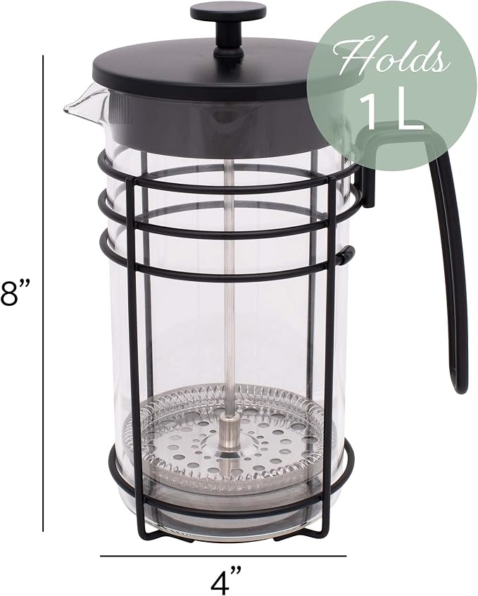 Elanze Designs Black 1 Liter Glass and Chrome Plated French Press Coffee and Loose Leaf Tea Maker