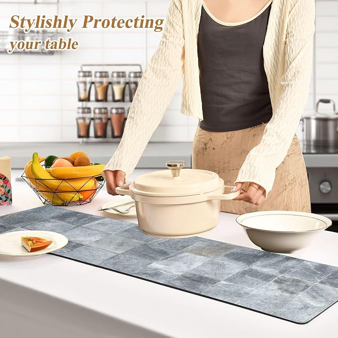 2 in 1 Table Runner Trivet for Hot Pots and Pans Heat Resistant Non Slip Waterproof 39 x 12 Inch Decorative Table Protector for Kitchen Countertop Marble Grey