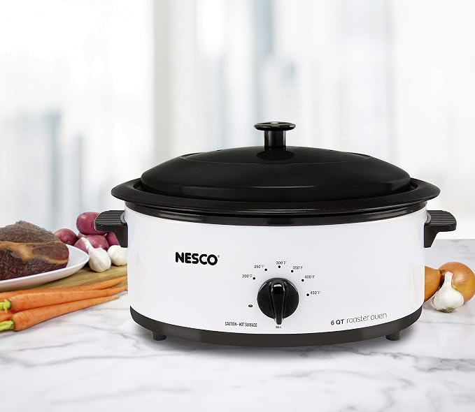 NESCO 4816‑14 Electric Roaster Oven for Everyday Home Cooking, White 6‑Quart Countertop Roaster with Porcelain Coated Steel Cookwell