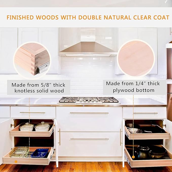 Mulush 28”W x 21”D x 3”H Soft Close Slide Out Wood Drawer Organizer for Kitchen, (Cabinet Opening>29.5 inches for Bottom Assembly, Width= 29 inches for Side Assembly)