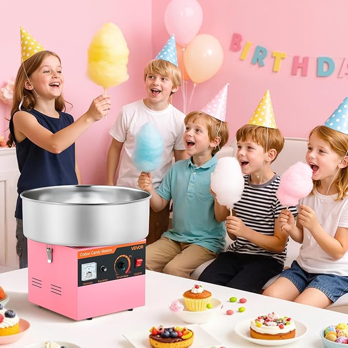 VEVOR Cotton Candy Machine Commercial, 1000W Electric Candy Floss Maker, Easy Use with 15 inch Stainless Steel Bowl and Sugar Scoop, Makes Hard Candy for Home Kids Birthday, Family Party, Pink