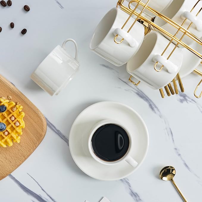 YOLIFE Espresso Cups with Saucers Set and Gold Metal Stand, 4oz Coffee Espresso Cups Set of 6, Ceramic Expresso Shots Cup with Stand & Saucers, White