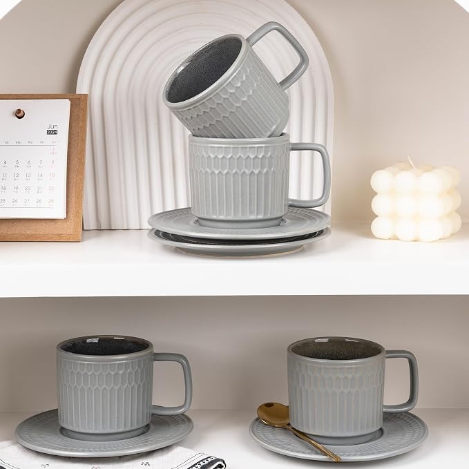 8oz Cappuccino Cups with Saucers Set of 4, 8 Ounce Stackable Embossed Ceramic Coffee Mugs for Specialty Coffee Drinks, Latte Mugs, Cafe Mocha and Tea, Dishwasher & Microwave Safe (Grey)