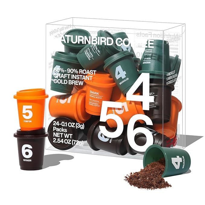 Saturnbird Super Instant Coffee Pods, Specialty Cold Brew Freeze-dried Coffee, No.4-6 Medium/Dark Roast, 100% Arabica, Brew with Hot/Cold Water or Milk, 24 Single-Serve Packets