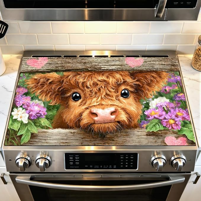 Stove Top Cover for Electric Stove 28.4 x 20.5 Inch Non Slip Stove Mat Oil Proof Floral Highland Cow Glass Cooktop Protector Kitchen Counter Mat