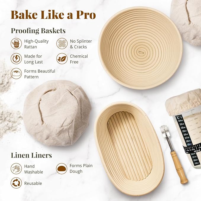 BAVIFY Sourdough Starter Kit, Banneton Bread Proofing Baskets Set | Complete Sourdough Bread Baking Supplies, Beginner Friendly, 9 in Round and 10 in Oval Rattan Banneton & 24 oz Starter Jar