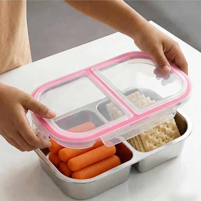 4 Pack Stainless Steel Snack Containers, 2 Compartment Reusable Metal Snack Boxes Containers with Leak-Proof Lids, Compact Lunch Box Food Storage Container