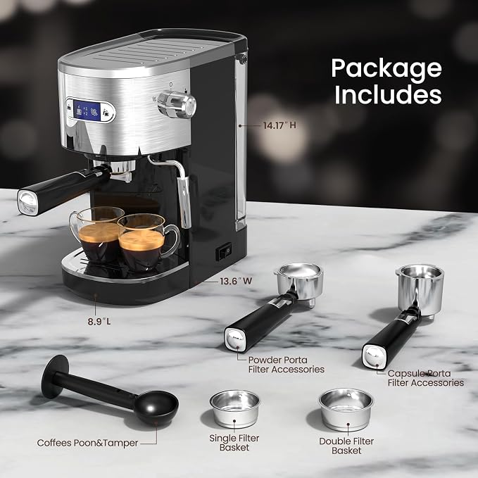 Electactic 20 Bar Espresso Machine, Professional Stainless Steel Coffee Maker with LCD Display, 45oz Removable Water Tank, Home & Office Espresso Maker for Cappuccino Latte Macchiato, Black