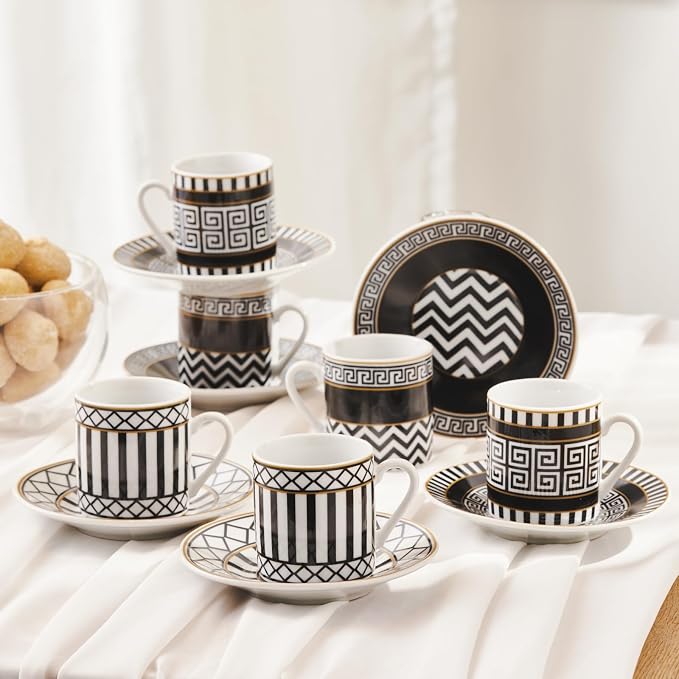 KARACA Helenistic Turkish Small Coffee Cups Set for 6, 12 Piece Porcelain Espresso Cups with Saucers, 80ML Demitasse Coffee Set, Black, Modern Elegant Design for Home & Gift