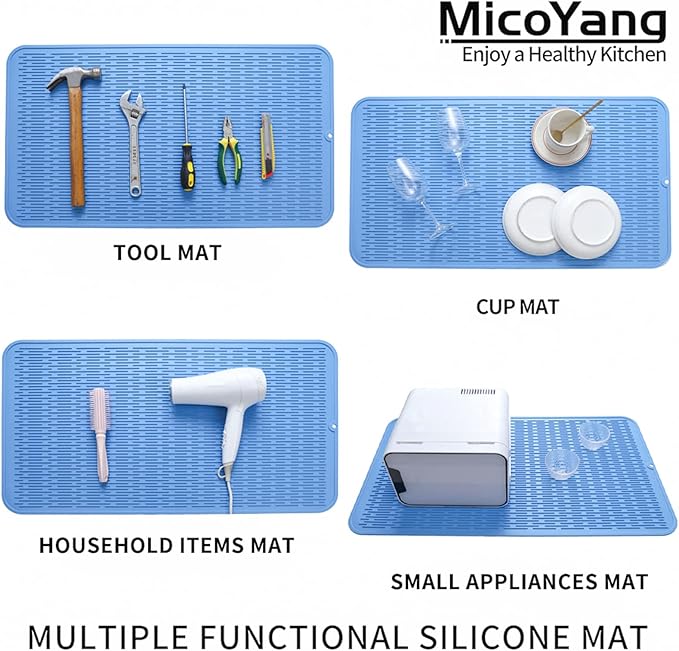 MicoYang Silicone Dish Drying Mat for Multiple Usage,Easy clean,Eco-friendly,Heat-resistant Silicone Mat for Kitchen Counter or Sink,Refrigerator or Drawer Liner Lichen BlueL 4XL 32 inches x 18 inches