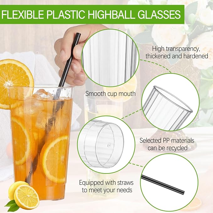Plastic Highball Glasses with Straws(set of 48), 16 oz Shatterproof Drinking Cups, Tall Whiskey Collins Ribbed Cup, Smoothie Tumbler Mojito Cocktail Cup for Wedding Spring Summer Party