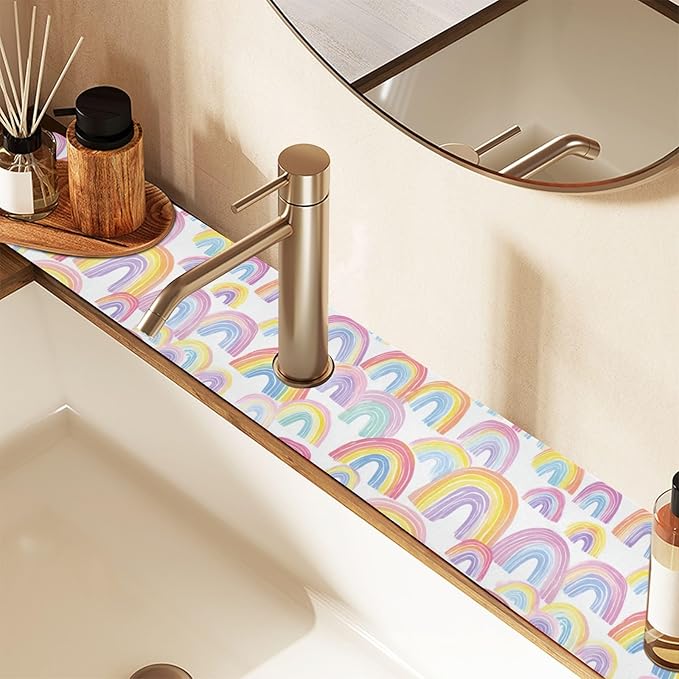 Kitchen Sink Splash Guard 2 PCS 30 Inch Sink Faucet Mat Splash Guard for Bathroom Countertop Water Absorbent Foldable Cuttable Soft Washable Gradient Cute Rainbows