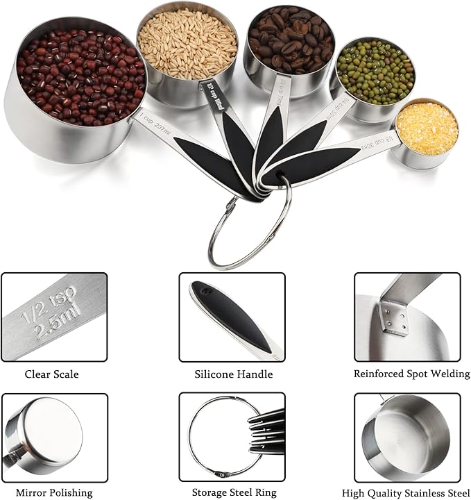 Measuring Cups and Spoons Set Includes 5 Stainless Steel Measuring Cups 7 Magnetic Measuring Spoons and 1 Leveler for Dry or Liquid Ingredients (Black)