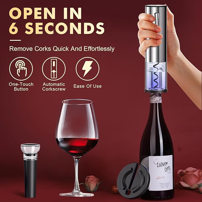 Rechargeable Electric Wine Opener 5-In-1 Set, Stainless Steel Automatic Wine Opener with Electric Wine Aerator, Foil Cutter, Wine Stopper & Base, Elegant Gift Box for Birthday, Housewarming, Christmas
