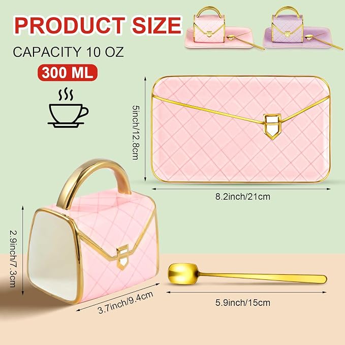 Zubebe 2 Set Coffee Mug Elegant Handbag Shaped Cup Modern Ceramic Purse Mug with Spoon and Saucer, 10oz Cute Creative Tea Cup for Woman Girls Gift (Pink,Purple)