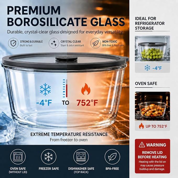 Glass Food Storage Containers with Lids, 90 & 52 oz, BPA-Free | Airtight & Leakproof Glass Containers Microwave Freezer Dishwasher Safe Premium Borosilicate Glass for Meal Prep