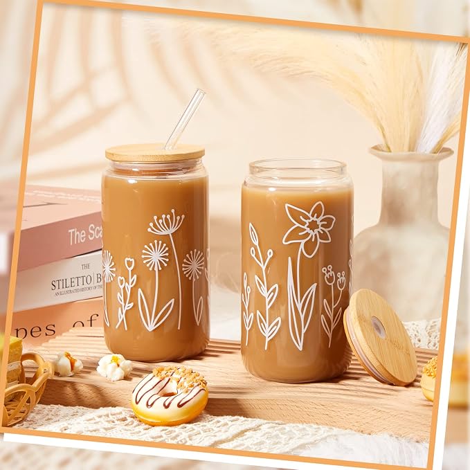 Mumufy 4 Pack Glass Cups Gift Aesthetic Cute Glass Cup Tumbler Flower Iced Coffee Mugs 16 oz with Bamboo Lid & Straw, for Wedding Birthday Bridesmaid Mom Baby Shower