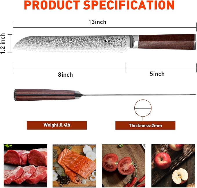 Serrated Bread Knife, 8 Inch Long Bread Knife for Homemade Bread with Damascus VG-10 Super Steel Core, Sharp 67-Layer Damascus Steel Cutting Knife with Natural Wood Handle
