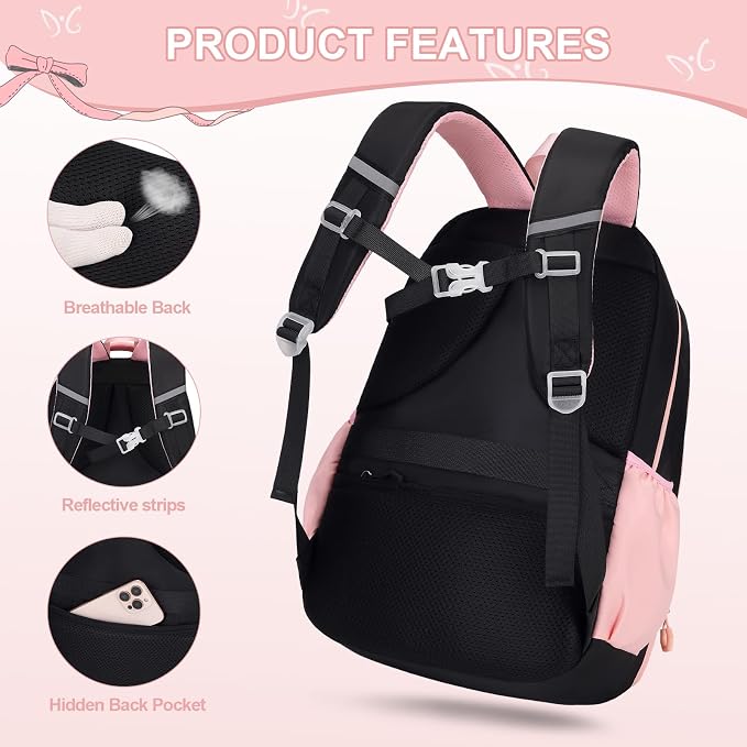 DIGOBAY Girls Backpack - Includes 14oz Insulated Water Bottle, Girls School Backpack Set with Lunch Bag & Pencil Case Teens for School (Black-Pink)