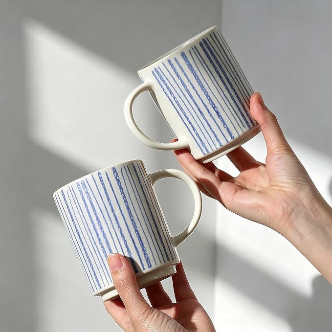 Coffee Mugs Set of 6, 17oz Ceramic Mugs with Handpainted Blue Gray Stripe Pattern, Modern Stackable Coffee Cups, Dishwasher and Microwave Safe Mugs for Home & Office (Vertical Stripes)