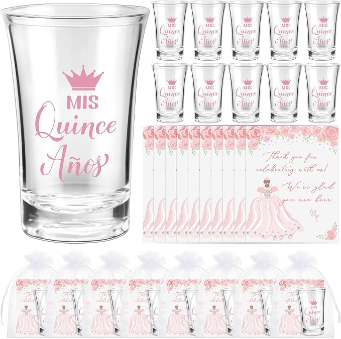 Havawish 50 Sets Quinceanera Party Favors for Guests Quinceanera Acrylic Clear Personalized Shot Glasses Thank You Cards with Organza Bags Mis Xv Años Sweet 15 Birthday Party Favors (Pink)