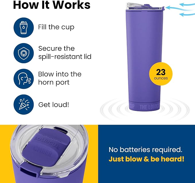 The LoudCup Blow Horn Tumbler, Cheer & Sip 2-in-1 Reusable Water Bottle with Built-In Horn for Sports Games, Tailgates, Parties & Events, BPA-Free, 23 oz, Royal Purple