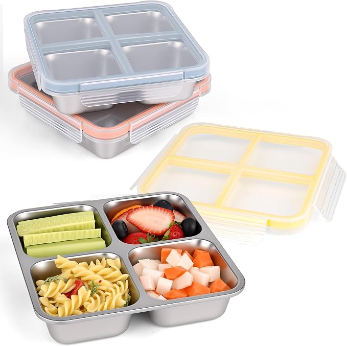 3 Pack Stainless Steel Snack Containers with Lids, Leakproof 4 Compartment Bento Lunch Boxes, Reusable Metal Meal Prep Food Storage Containers, Dishwasher Safe for Work, Travel, Picnic