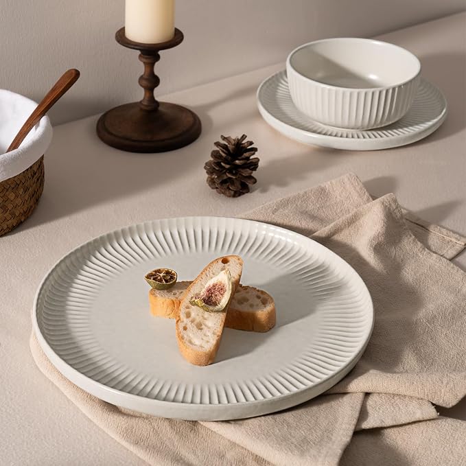 Famiware Starlight 12-Piece Plates and Bowls Sets for 4, Stoneware Dinnerware with Ribbed Textured, Handcrafted Reactive Glaze Dishes - Dishwasher & Microwave Safe, Chip/Scratch Resistant, Matte White
