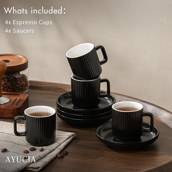 2.5OZ Mini Espresso Cups Set of 4, Black Ceramic Demitasse Espresso Mugs with Saucers, Small Coffee Cups for Single/Double Espresso Shots