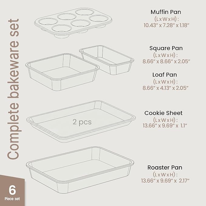 BAKKEN Nonstick Carbon Steel Bakeware Set - 6 Piece Kitchen Baking Trays, Non Toxic Stackable Oven Pans Bundle with Cookie Sheets, 6 Cup Muffin, Roaster, Square Cake, and Loaf Pan for Bread