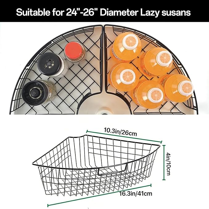 4 Pack Metal Lazy Susan Organizer Baskets with Handles – 1/4 Wedge Wire Storage Bins for 24" Lazy Susan Turntable, Kitchen Cabinet & Pantry Organizer, Black