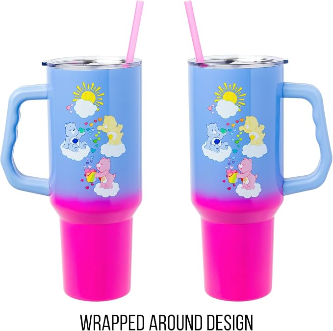 Silver Buffalo Care Bears Featuring Grumpy Bear, Funshine, and Love-A-Lot Bear Heart Showers Ombre Double Walled Stainless Steel Tumbler with Handle and Straw, Fits in Standard Cup Holder, 40 Ounces