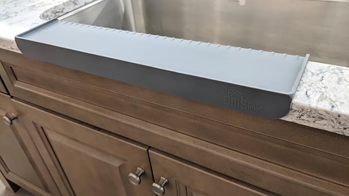 SiliProducts SiliSink XL Silicone Edge Guard for Kitchen Sink - Fits 3.75” - 4” Wide - The Original Silicone Sink Edge Protector with Sponge Caddy - Splash Guard, 20” Gray