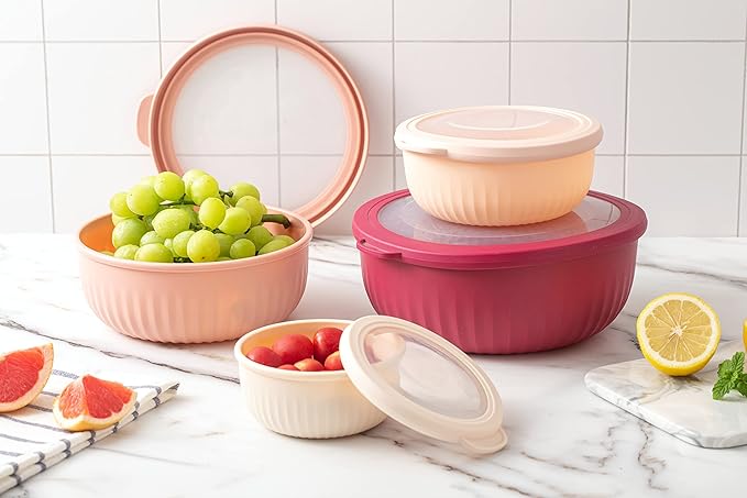 COOK WITH COLOR Prep Bowls with Lids- Wide and Deep Nesting Plastic Small Mixing Bowl Set with Lids, 8 Piece Set - Wide Bowls, Rose