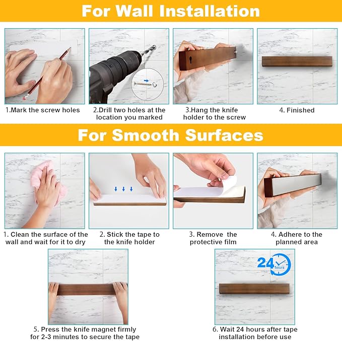 Magnetic Knife Holder Wood, 16" Knife Magnetic Strip No Drill Adhesive Knife Magnet Block, 17 Inch Magnetic Knife Holder with 4 Hooks, Dual Rod Strong Magnet Knife Bar for Partry Garage Tool Rack