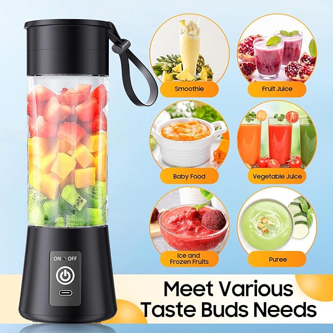 Portable Blender for Shakes and Smoothies - Newly Upgraded 13 Oz Mini Blender with 6 Blades, USB & Type-C Rechargeable, Suit for Making Fresh Juice, Convenient for Travel Sports