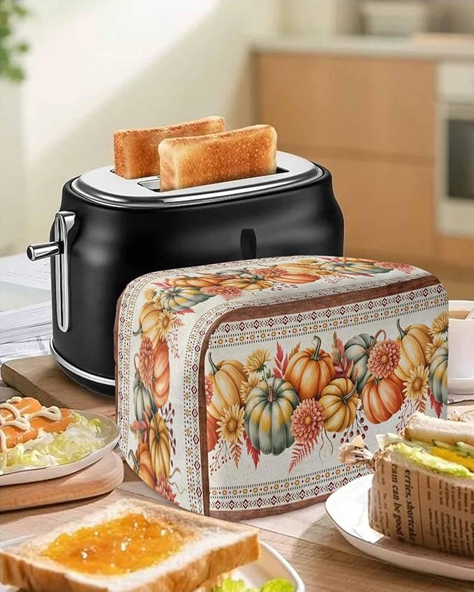Orange Pumpkins Fall Toaster Cover 4 Slice, Thanksgiving Southwestern Floral Dustproof Bakeware Oven Protector with Top Hook, Autumn Waterproof Small Kitchen Appliance Toasters Dust Cover, 12"x11"x8"