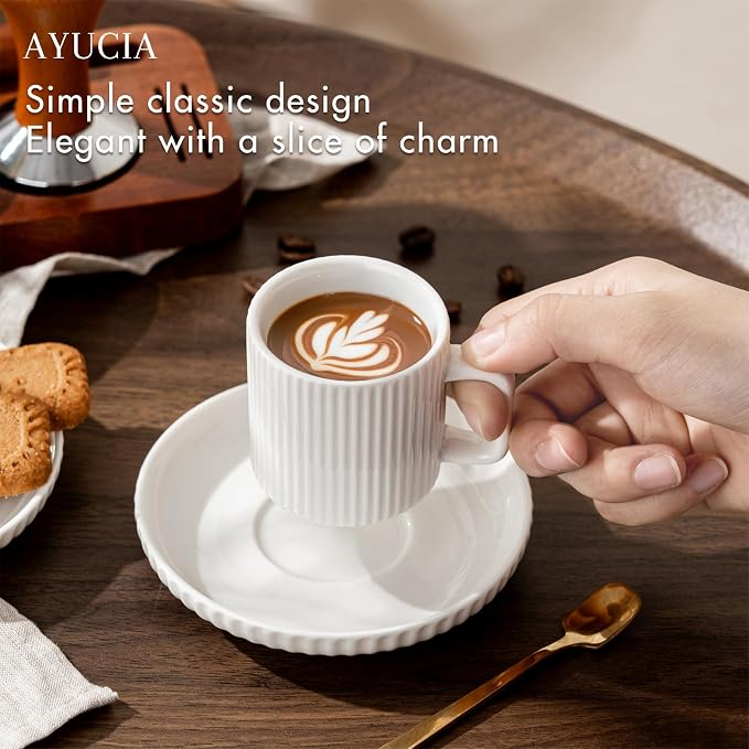 2.5OZ Mini Espresso Cups Set of 4, White Cream Ceramic Demitasse Espresso Mugs with Saucers, Small Coffee Cups for Single/Double Espresso Shots