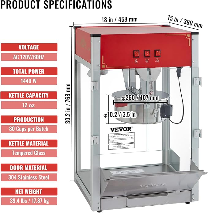 VEVOR Commercial Popcorn Machine, 12 Oz Kettle, 1440 W Countertop Popcorn Maker for 80 Cups per Batch, Theater Style Popper with 3-Switch Control Steel Frame Tempered Glass Doors 1 Scoop 2 Spoons, Red | 80 Cups per Batch, Theater Style Popper with 3-Sw...