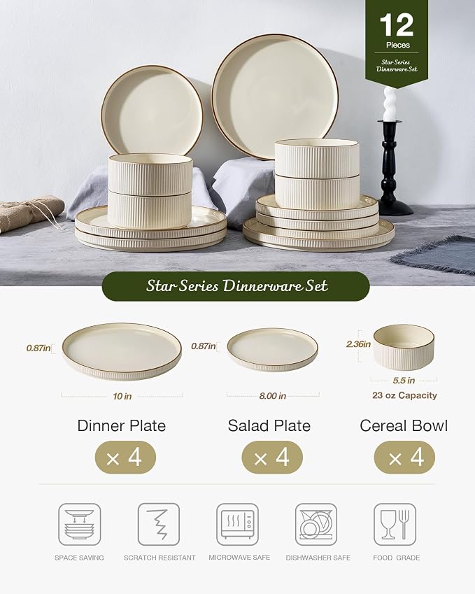 Famiware Star 12-Piece Stoneware Dinnerware Sets with Trim, Service for 4, Ceramic Plates and Bowls Set, Modern Rustic Dishes, Everyday/Formal, Chip/Scratch Resistant, Microwave/Dishwasher Safe, Cream