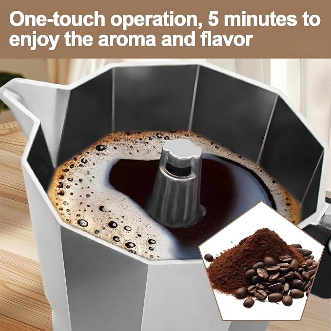 Aluminum Electric Moka Pot 3-6 Cup 270ml Express Coffee Maker Stovetop Espresso Portable Coffeemaker Italian Classic Brewing Greca Cafe Mocha with Removable Base and Overheating Protection Machine
