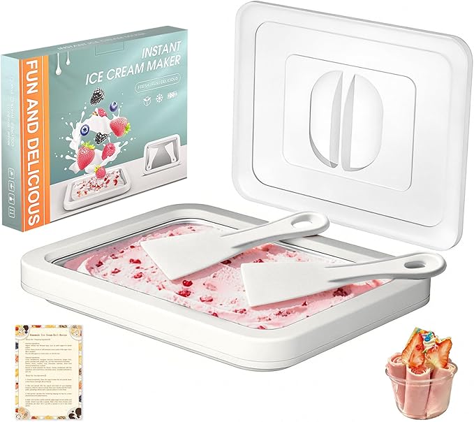 Rolled Ice Cream Maker Kit with Lid, 2 Spatulas & Recipe Guide - Instant Freeze Tray for Homemade Roller Ice Cream, Fun Family Activities (White)