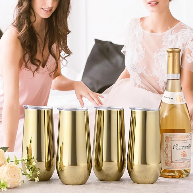 Lifecapido 12 Pack Insulated Champagne Tumblers, 12oz Stemless Flutes, Stainless Steel Tumblers, Insulated Glass for Birthday Party Wedding Christmas, Gold Plating