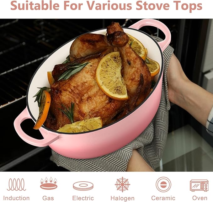 TeamFar 7QT Oval Dutch Oven, Enameled Cast Iron Dutch Oven Pot with Lid, For Bread Baking/Stewing/Braising/Frying, Suitable for Various Stoves, Non-stick & Easy Clean, Pink