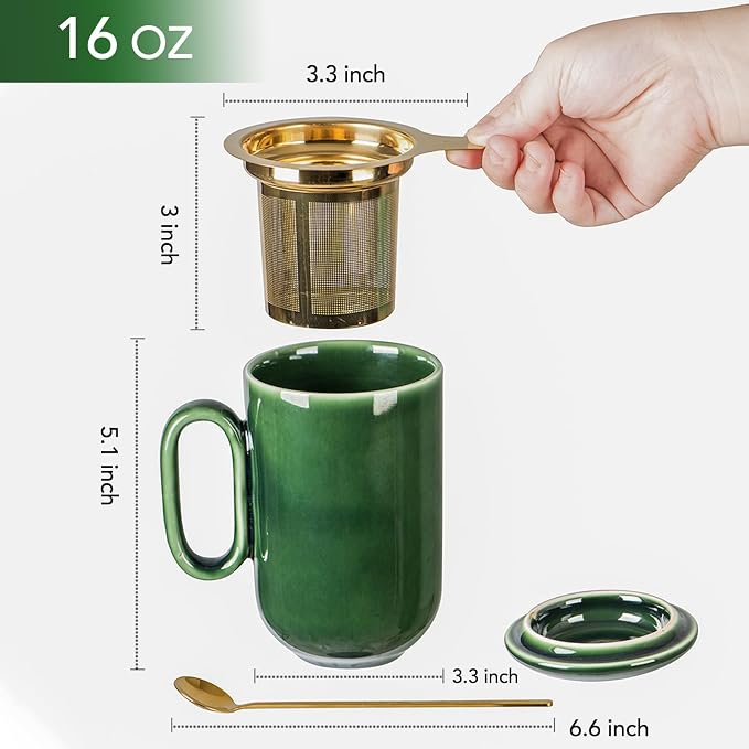 vicrays Ceramic Tea Mug Infuser - Large Cup 16 oz Hot Loose Steeping Handle Teacup with Leaf Infuser Spoon Lid - Tall Glazed Strainer Coffee Mug Microwave Safe - Green