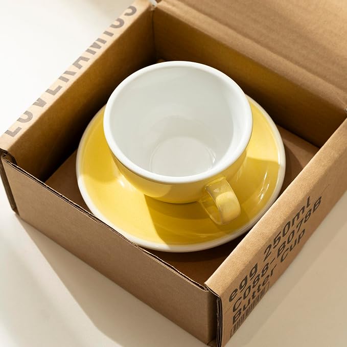 Loveramics Coffee Cup Ceramic, 8 oz Latte Art Cup with Saucer for Cappuccino, Tea, Espresso, Thick - walled stoneware Cappuccino mug Set for Cafe and Barista - Potters Colours (Butter Cup, 8OZ)