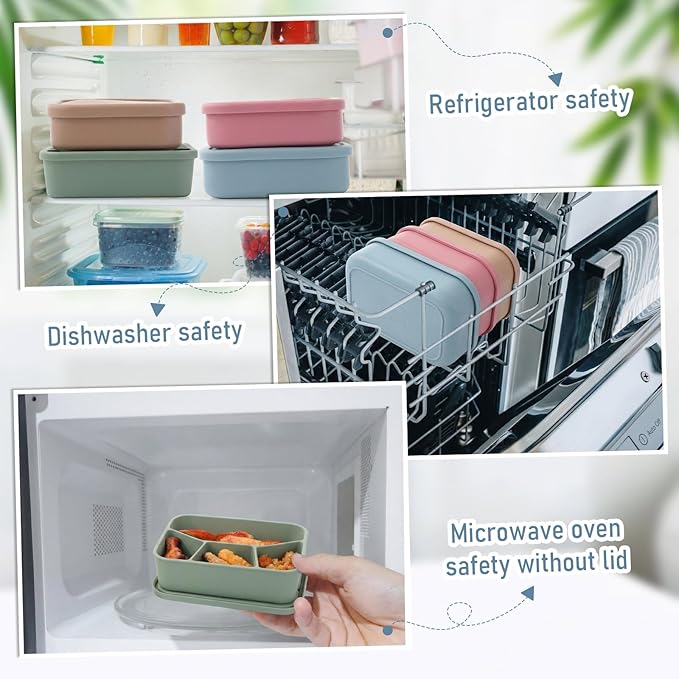 4 Pcs Silicone Bento Box Reusable Lunch Container Compartment Leakproof Meal Prep Snack Box for Adult Office School Travel Food Storage